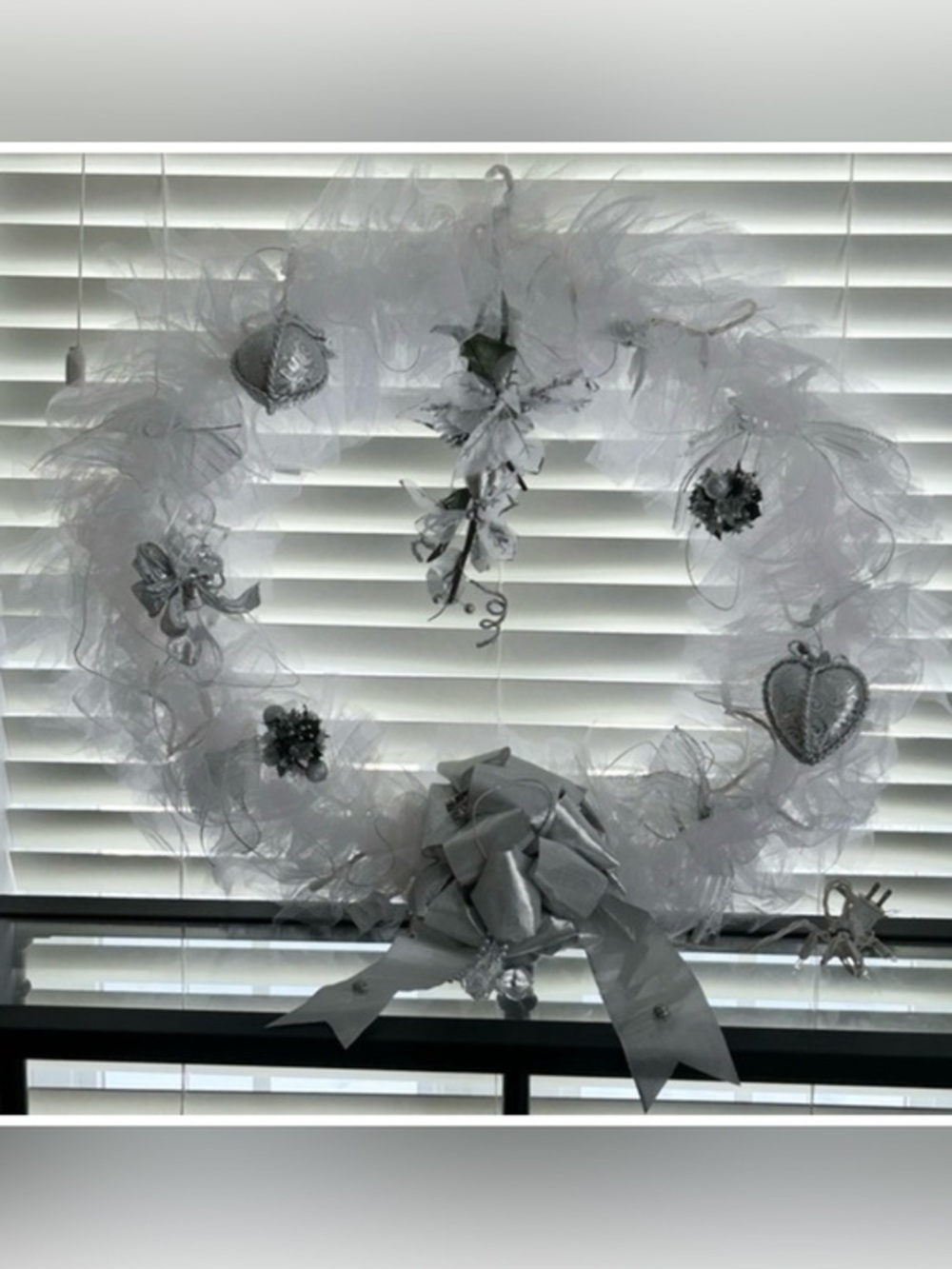 Stunning Silver and White Large Holiday / Christmas Tulle Wreath, White Lights
